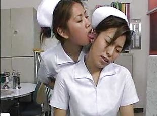 sygeplejerske, japans, kyssende, brunette