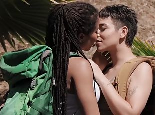 Wild ebony lesbian gets her pussy fingered outdoors by her bigbooty girlfriend