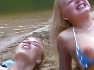 Blonde babe nearly drowned and fucks with her saviors