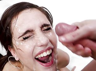 Girl facialized after a mega wild cock sucking experience
