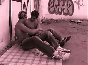 Frenzied cocksucking with two hot guys outdoors