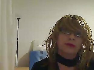 horny MILF tranny in front of the camera simulates a Blowjob while playing with a vibrator
