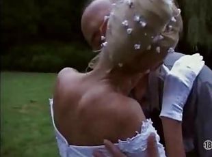 Naughty bride taken outdoors by two guys