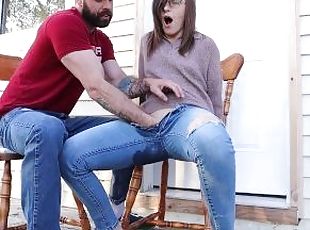 Squirting in my jeans - Neighbours watch me orgasm - BIG SQUIRT