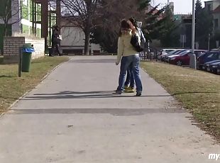 Amateur girls walk home from school, kiss and lick pussy