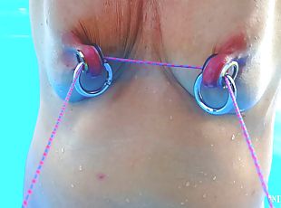 Nippleringlover Nipple Bondage Outdoor In Pool - Rope Through Huge Pierced Nipples - Nipple Torture