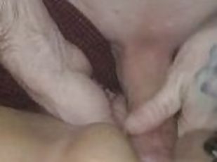 He fucks my fat pussy with a clear dildo then fucks me himself, creampie end