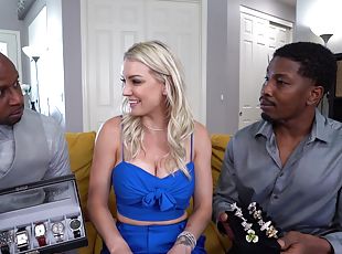 Blondie gets shared by a pair of black hunks with huge dicks