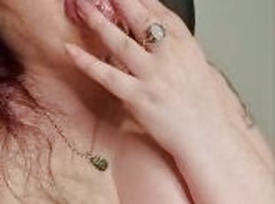 Horny, home alone - using spit as lube close up pussy