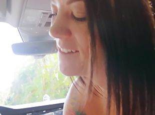 Kinky babe Audrey sucking and riding a hard cock in the car