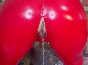 Workout And Pissing In Red Latex Catsuit